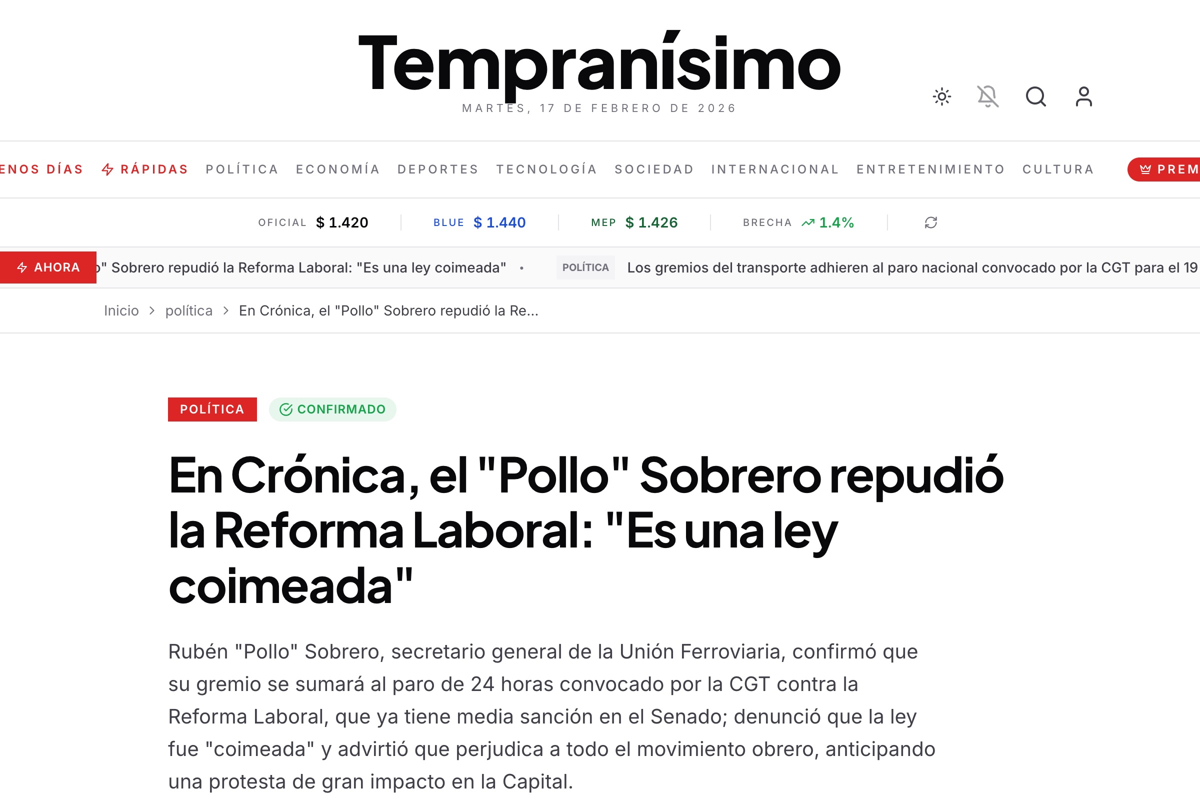 Artículo con etiqueta editorial CONFIRMADO y fuente original visible