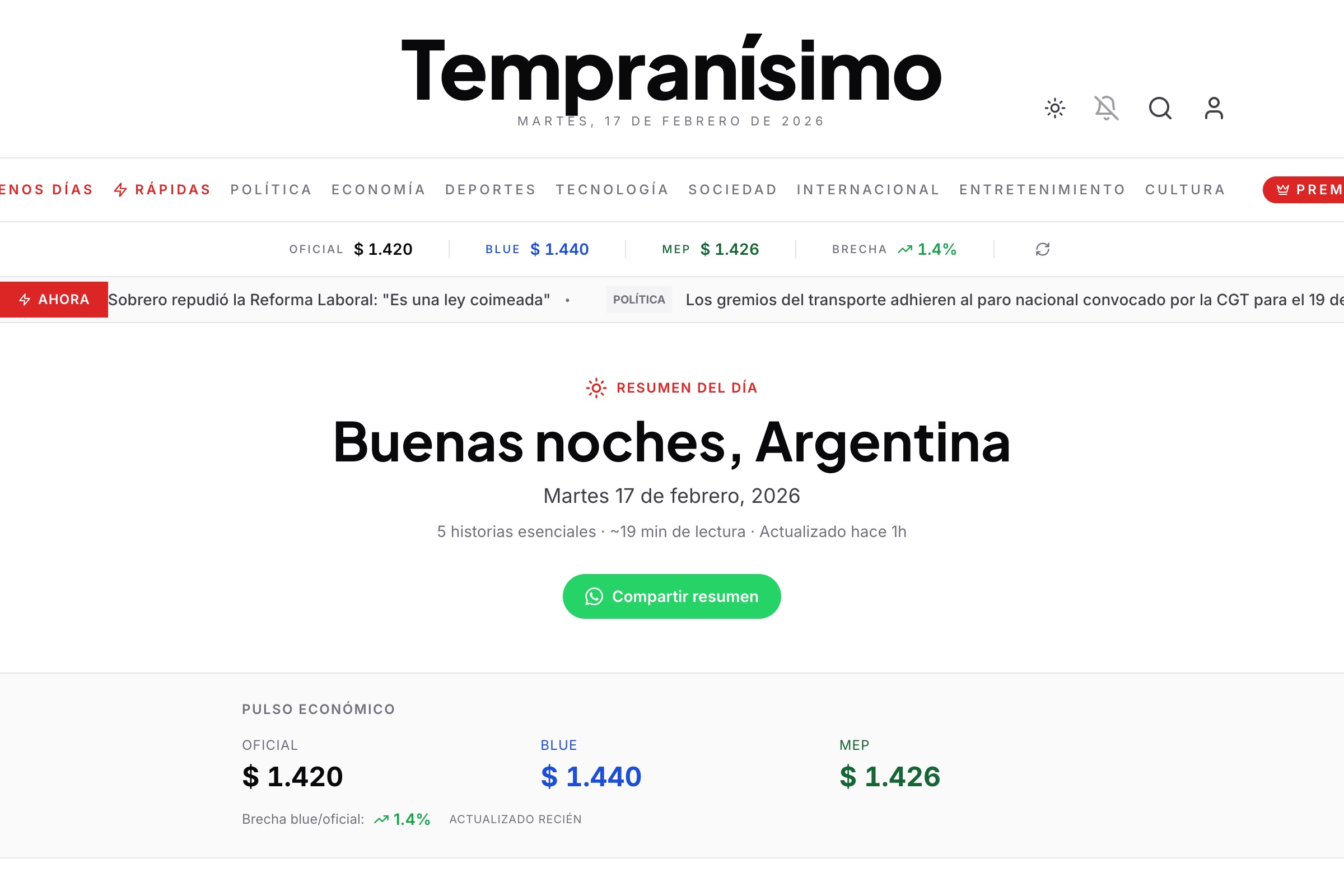 Sección Buenos Días con resumen del día y cotizaciones del dólar