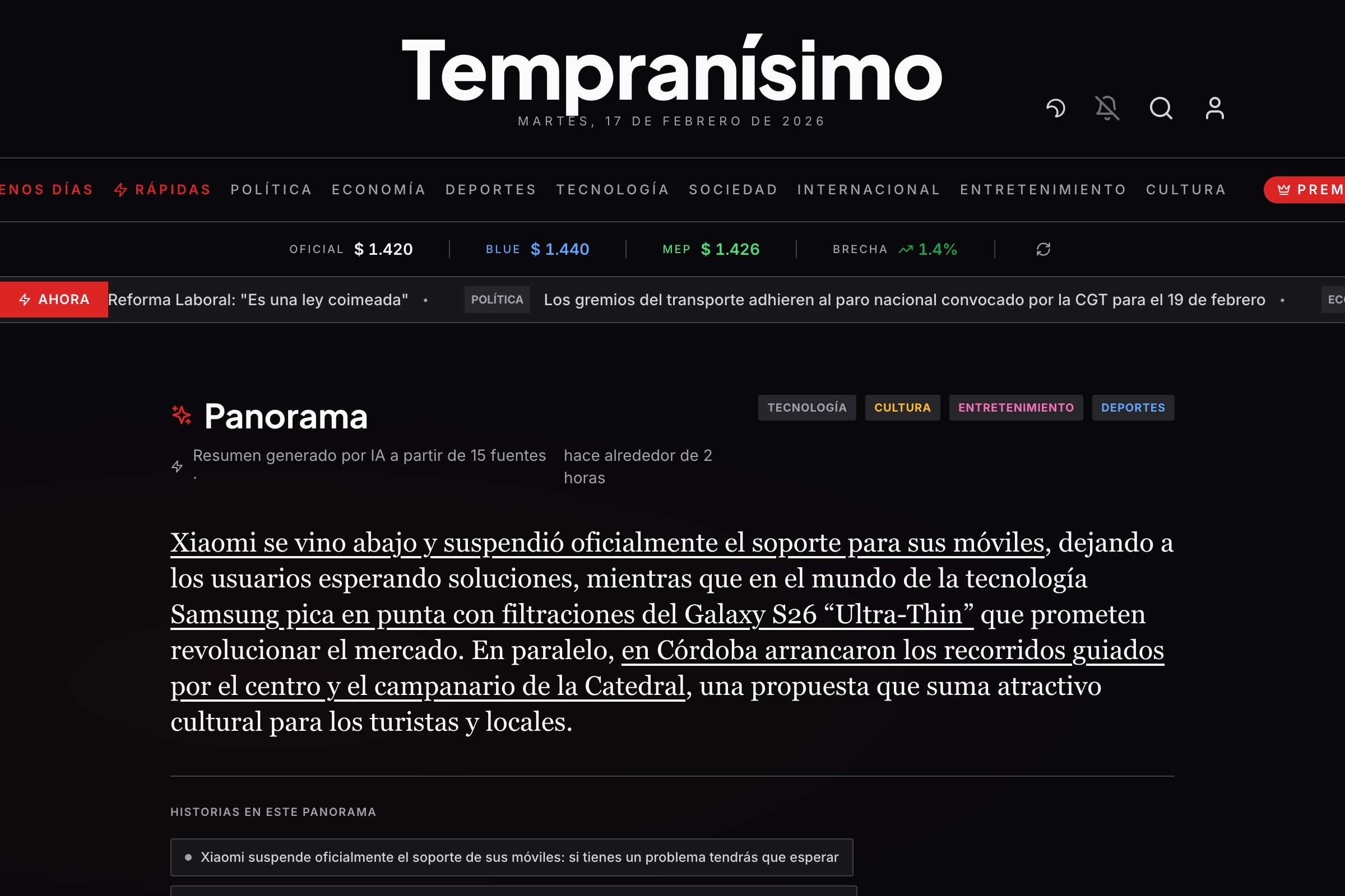 Tempranísimo en modo oscuro mostrando el Panorama del día