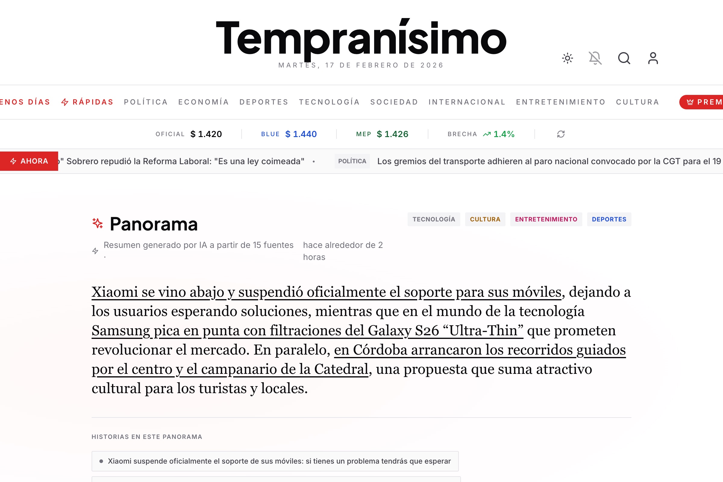 Panorama del día en la homepage de Tempranísimo mostrando resumen AI y cotización del dólar