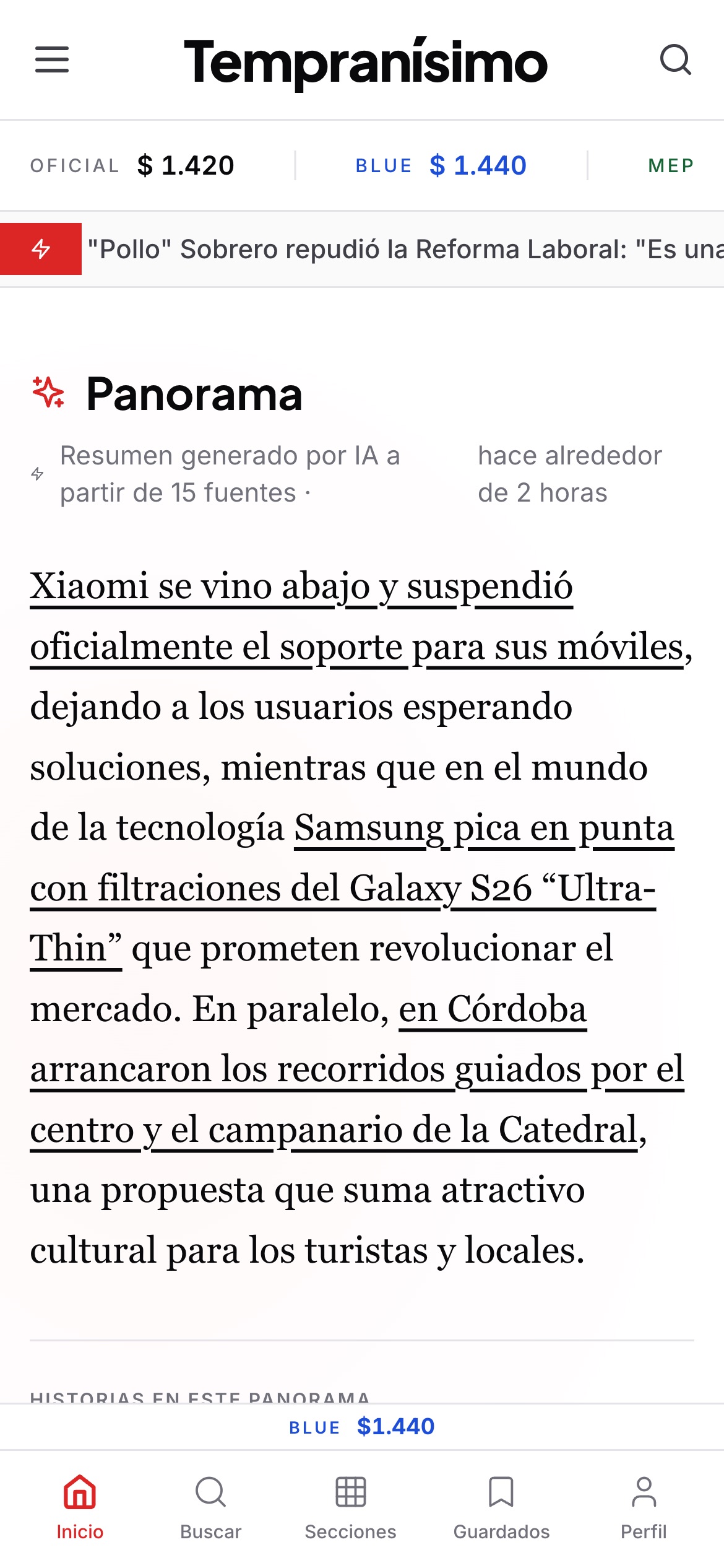 Vista móvil de Tempranísimo con navegación adaptada